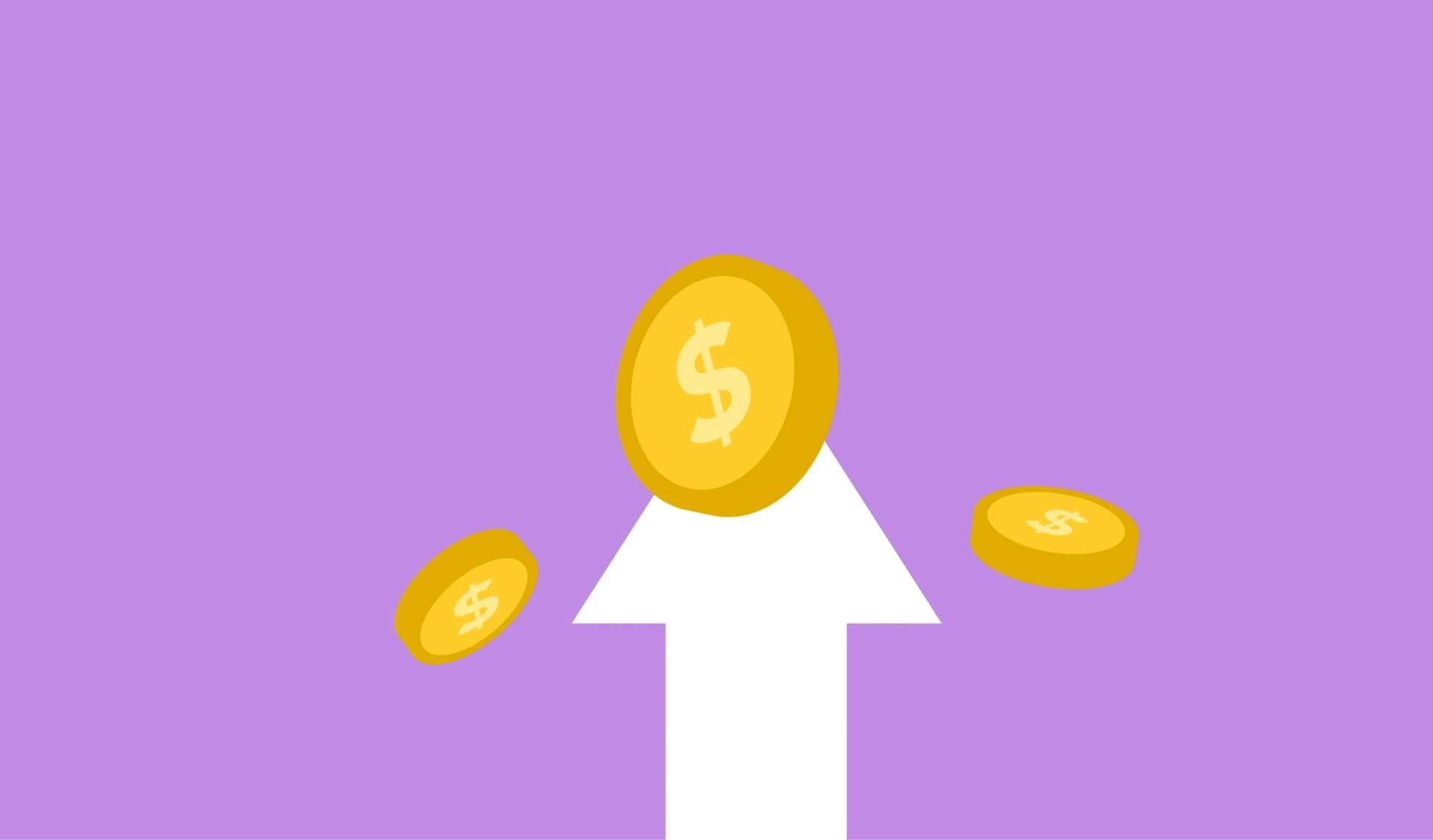 cutout paper composition of arrow and coins on purple background
