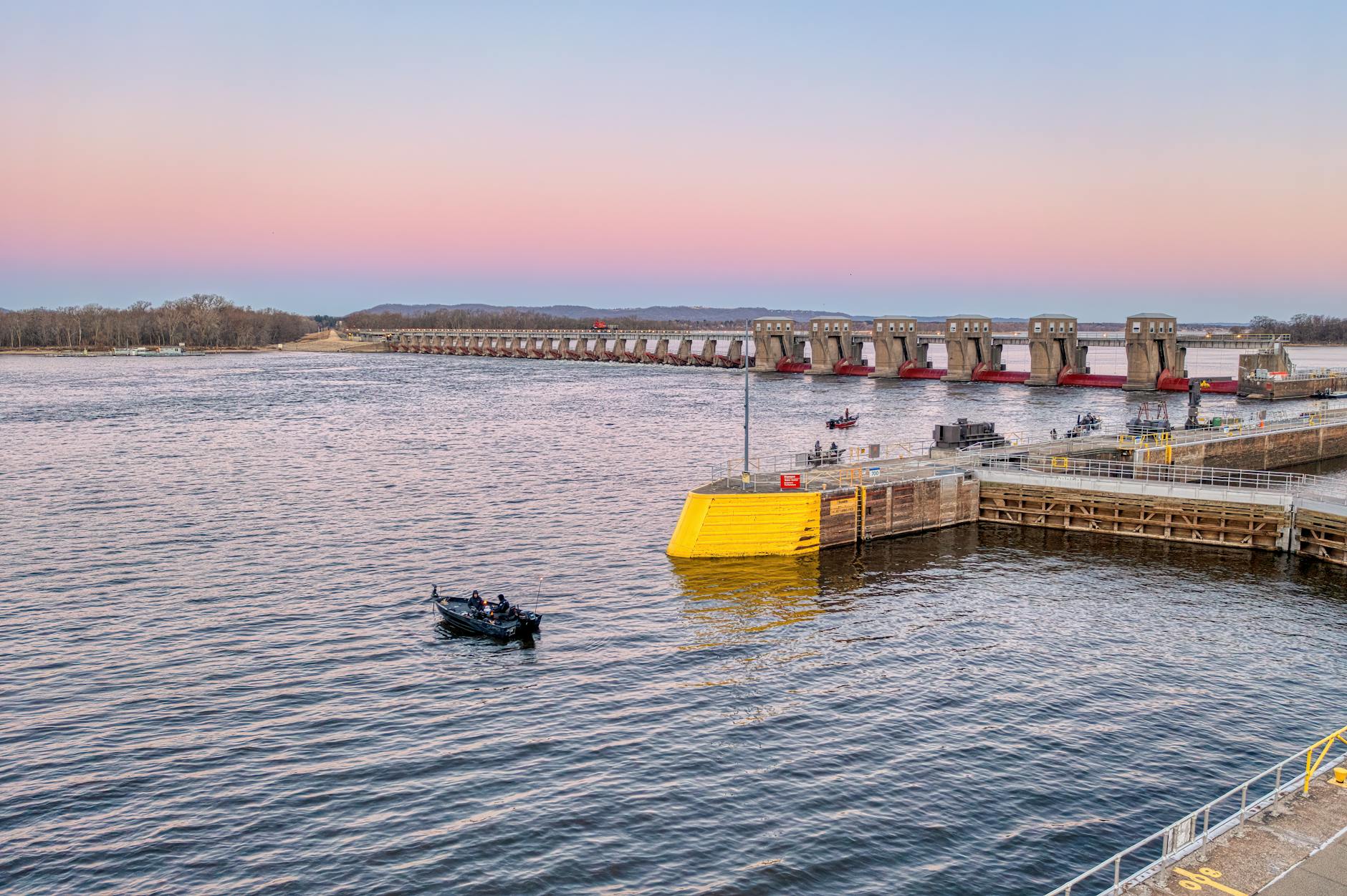 sunset over mississippi river lock in alma